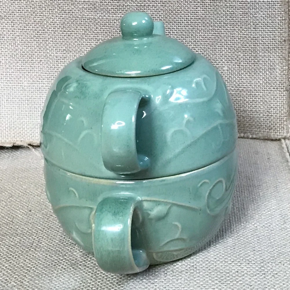 Pier 1 Light Green Embossed Stackable Teapot Coffee Mug Cottage Core Coastal